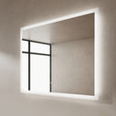 BAI 21004 modern 47-inch LED bathroom mirror with anti fog and frosted edge design with white spa-like glow side view.