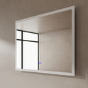 BAI 21004 modern 47-inch LED bathroom mirror with anti fog and frosted edge design with the lights off side view.