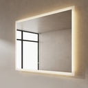 BAI 21004 modern 47-inch LED bathroom mirror with anti fog and frosted edge design with warm spa-like glow side view.