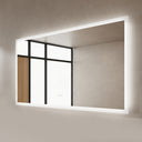 BAI 21006 modern 67-inch LED bathroom mirror with anti fog and frosted edge design with white spa-like glow side view.