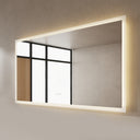 BAI 21006 modern 67-inch LED bathroom mirror with anti fog and frosted edge design with warm spa-like glow side view.