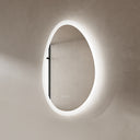 BAI 21010 modern 23-inch droplet shaped LED bathroom mirror with anti fog and frosted edge design with white lighting side view.