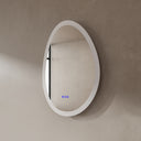 BAI 21010 modern 23-inch droplet shaped LED bathroom mirror with anti fog and frosted edge design with the lights off side view.