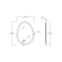 BAI 21010 modern 23-inch droplet shaped LED bathroom mirror with anti fog and frosted edge design technical drawings showing dimensions.