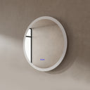 BAI 21011 modern minimalist round 30-inch bathroom vanity mirror with LED light off, mounted on a textured beige plaster wall.