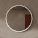 BAI 21012 modern minimalist round 36-inch bathroom vanity mirror with LED light off, mounted on a textured beige plaster wall.