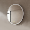 BAI 21012 modern minimalist round 36-inch bathroom vanity mirror with LED light off, mounted on a textured beige plaster wall.