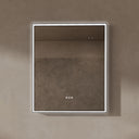 BAI 21021 modern rectangular 30-inch wall-mounted mirror with a slim white LED light and a black frame, shown against a textured beige wall. The mirror has small control touch sensor dots near the bottom center.