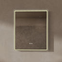 BAI 21021 modern rectangular 30-inch wall-mounted mirror with a slim warm LED light and a black frame, shown against a textured beige wall. The mirror has small control touch sensor dots near the bottom center.