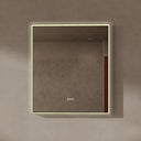 BAI 21022 modern rectangular 34-inch wall-mounted mirror with a slim warm LED light and a black frame, shown against a textured beige wall. The mirror has small control touch sensor dots near the bottom center.