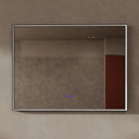 BAI 21024 modern rectangular 47-inch wall-mounted mirror with a slim LED light switched off and a black frame, shown against a textured beige wall. The mirror has small control touch sensor dots near the bottom center.