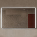 BAI 21025 modern rectangular 59-inch wall-mounted mirror with a slim white LED light and a black frame, shown against a textured beige wall. The mirror has small control touch sensor dots near the bottom center.