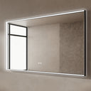 BAI 21025 modern rectangular 59-inch wall-mounted mirror with a slim white LED light and a black frame, shown against a textured beige wall. The mirror has small control touch sensor dots near the bottom center.