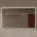 BAI 21025 modern rectangular 59-inch wall-mounted mirror with a slim warm LED light and a black frame, shown against a textured beige wall. The mirror has small control touch sensor dots near the bottom center.