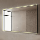 BAI 21025 modern rectangular 59-inch wall-mounted mirror with a slim warm LED light and a black frame, shown against a textured beige wall. The mirror has small control touch sensor dots near the bottom center.
