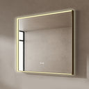 BAI 21033 modern rectangular 40-inch wall-mounted mirror with a slim warm LED light with gold frame, shown against a textured beige wall. The mirror has small control touch sensor dots near the bottom center.