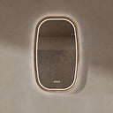 BAI 21043 modern oval wall-mounted led bathroom mirror with a light wood oak frame and integrated LED lighting, shown on a textured beige wall with white lighting.