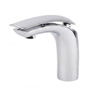 A modern polished chrome bathroom faucet with a curved spout and a cylindrical neck, shown on a plain white background.