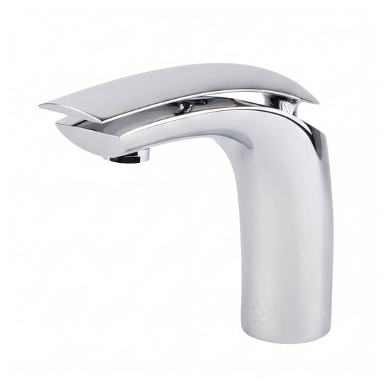 A modern polished chrome bathroom faucet with a curved spout and a cylindrical neck, shown on a plain white background.