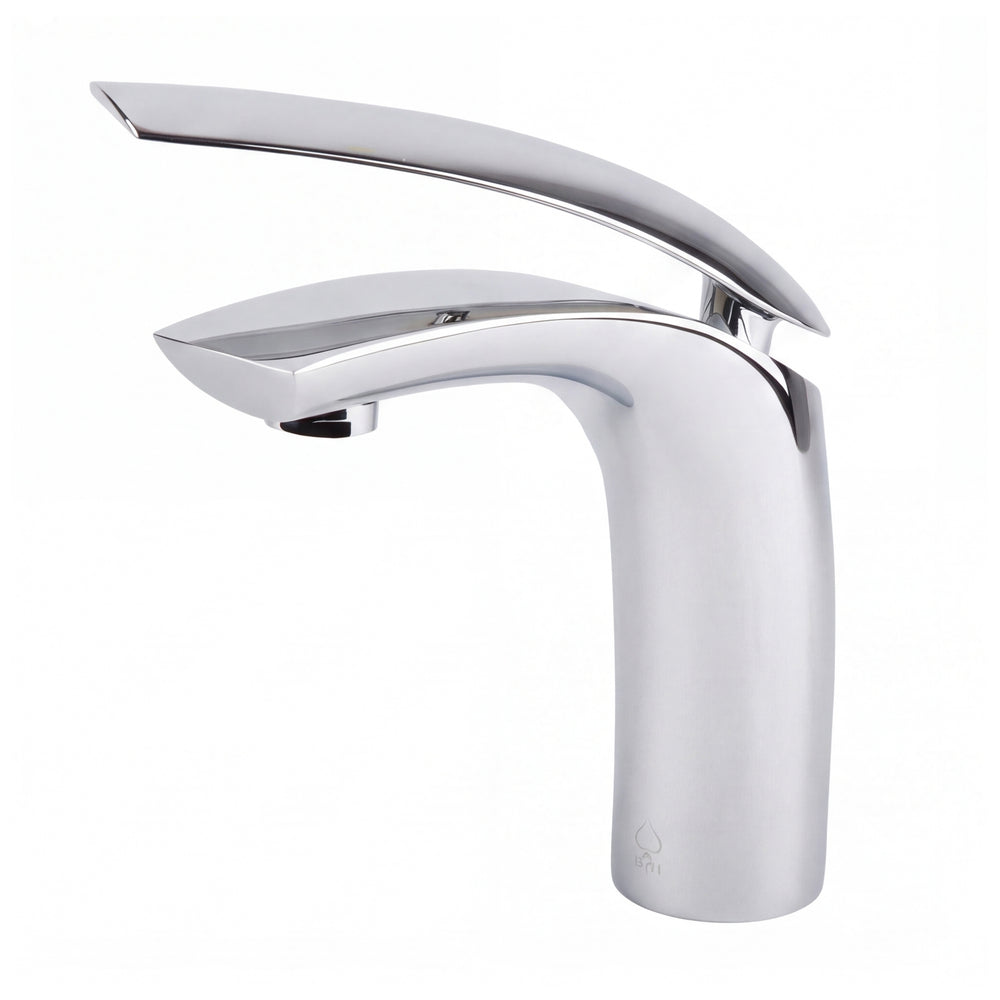 A modern single-handle bathroom faucet with a polished chrome finish, featuring a curved spout and a sleek cylindrical base, shown against a plain white background.