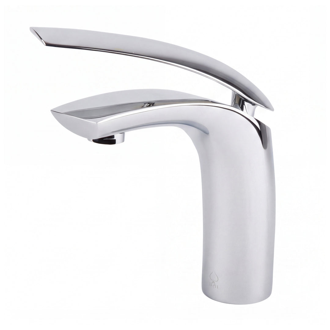 A modern single-handle bathroom faucet with a polished chrome finish, featuring a curved spout and a sleek cylindrical base, shown against a plain white background.