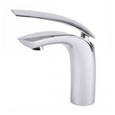A modern single-handle bathroom faucet with a polished chrome finish, featuring a curved spout and a sleek cylindrical base, shown against a plain white background.