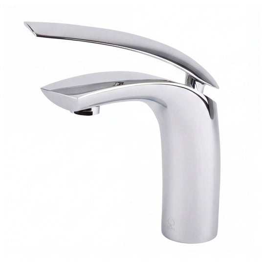 A modern single-handle bathroom faucet with a polished chrome finish, featuring a curved spout and a sleek cylindrical base, shown against a plain white background.