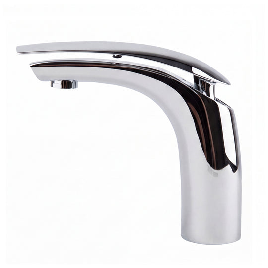 A modern high-arc chrome bathroom faucet with a sleek curved spout and a single lever handle, shown on a solid white background.