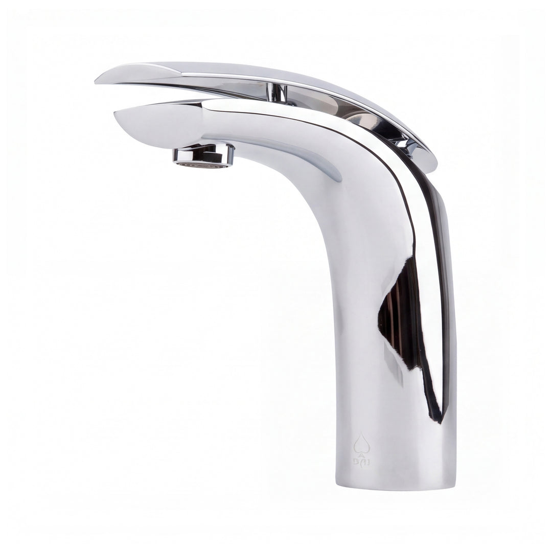 A modern single-handle bathroom faucet with a polished chrome finish, featuring a curved spout and a sleek lever handle on a plain white background.