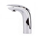 A modern single-handle bathroom faucet with a polished chrome finish, featuring a curved spout and a sleek lever handle on a plain white background.