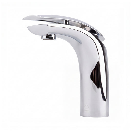 A modern single-handle bathroom faucet with a polished chrome finish, featuring a curved spout and a sleek lever handle on a plain white background.