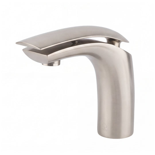 A modern single-handle bathroom faucet with a brushed nickel finish, featuring a curved spout and a sleek, open-top deck plate, shown against a plain white background.