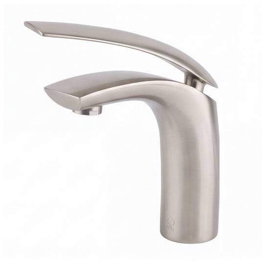 A modern single-handle bathroom faucet in brushed nickel, shown against a plain white background.