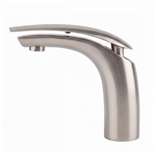 A modern single-handle bathroom faucet in brushed nickel, shown from a three-quarter angle against a plain white background.