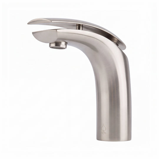 A modern single-handle bathroom faucet with a curved neck and a flat lever handle, finished in brushed nickel, shown against a plain white background.