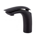A matte black modern bathroom faucet with a curved spout and a small megabai logo near the base, shown on a solid white background.