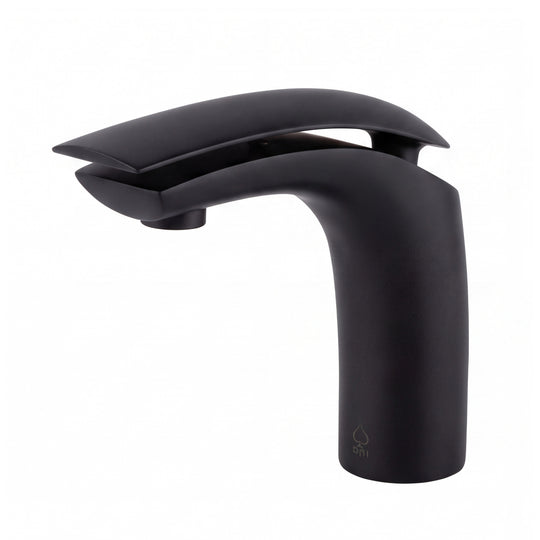 A matte black modern bathroom faucet with a curved spout and a small megabai logo near the base, shown on a solid white background.