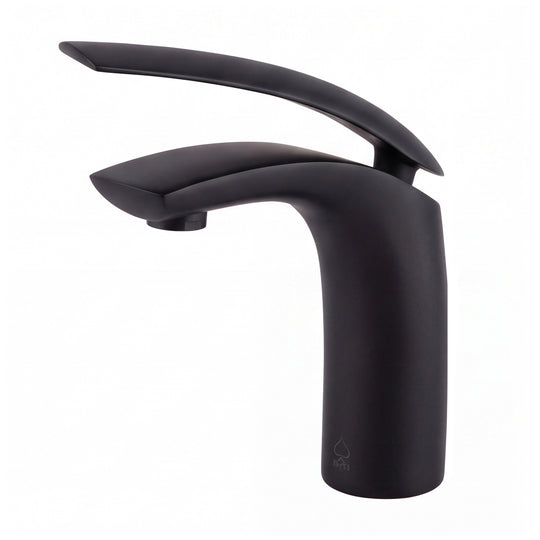 Matte black modern bathroom faucet with a curved spout and lever handle, shown on a plain white background.