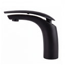 Matte black modern single-handle bathroom faucet with a curved spout and integrated lever handle, shown on a plain white background.