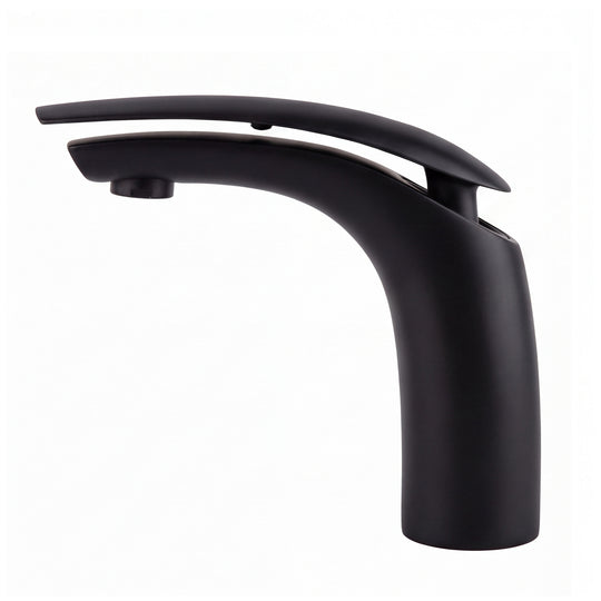 Matte black modern single-handle bathroom faucet with a curved spout and integrated lever handle, shown on a plain white background.