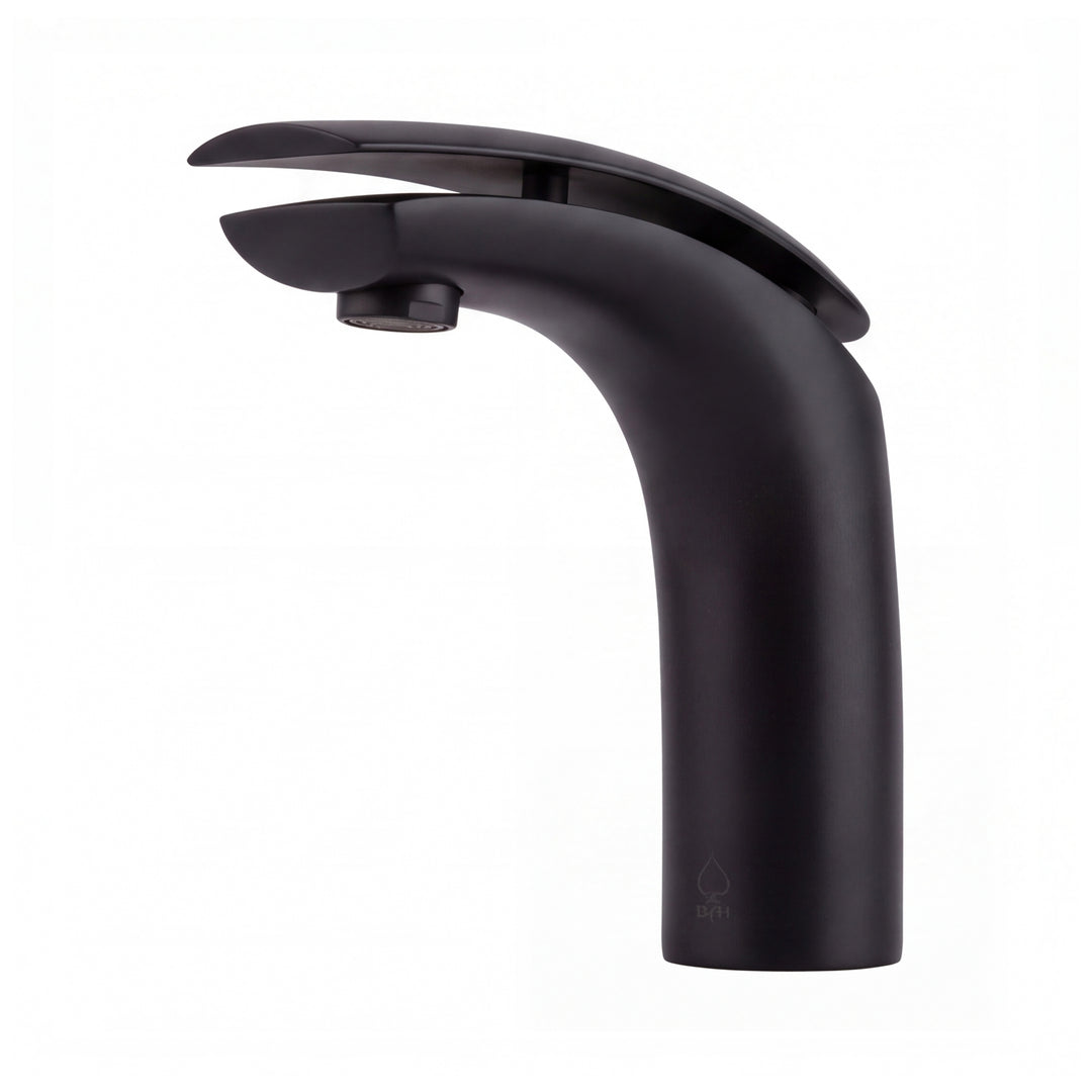 A modern matte black single-handle bathroom faucet with a curved spout and integrated lever handle, shown on a plain white background.