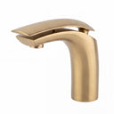 A modern single-handle bathroom faucet in brushed gold with a curved, open-top spout, shown against a plain white background.