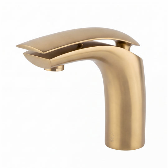 A modern single-handle bathroom faucet in brushed gold with a curved, open-top spout, shown against a plain white background.