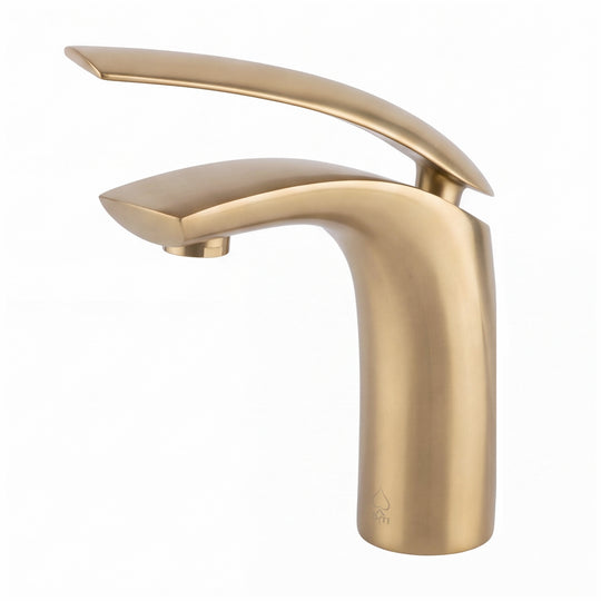 A modern single-handle bathroom faucet in a brushed gold finish, shown from a three-quarter angle against a plain white background.