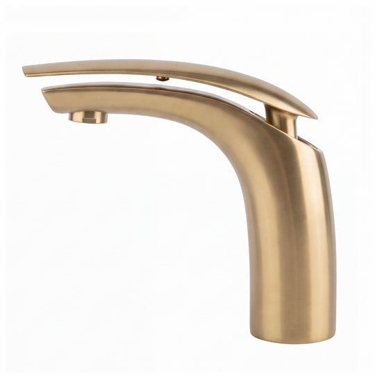 A modern single-handle bathroom faucet in a brushed gold finish, shown from a three-quarter angle against a plain white background.