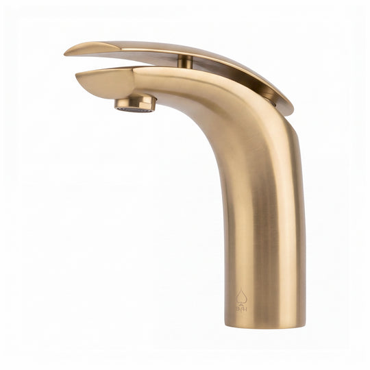 A modern single-handle bathroom faucet in brushed gold finish, shown from a three-quarter angle on a solid white background.