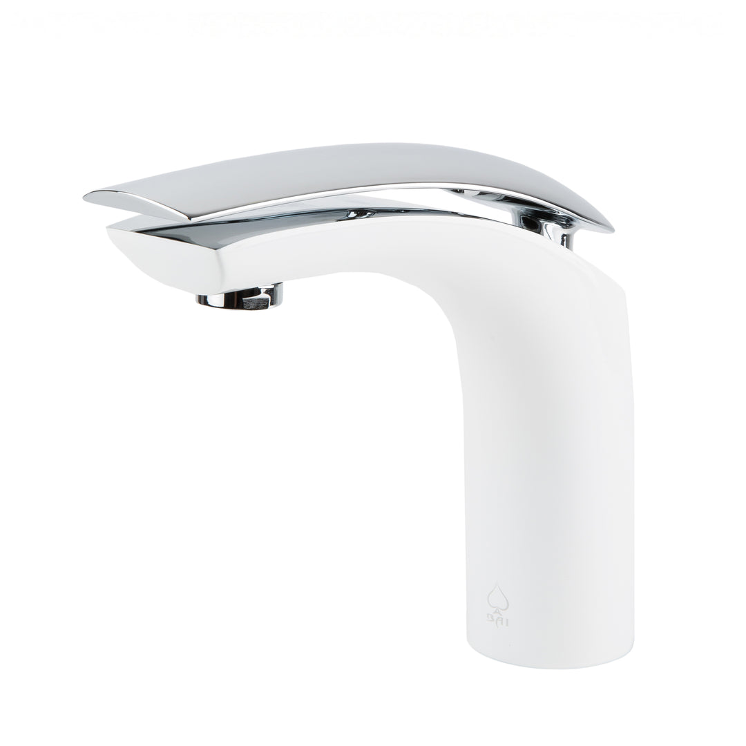 A modern single-handle bathroom faucet with a matte white body and a polished chrome curved spout, shown on a solid white background.