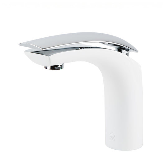 A modern single-handle bathroom faucet with a matte white body and a polished chrome curved spout, shown on a solid white background.