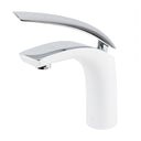 A modern single-handle bathroom faucet with a glossy chrome curved spout and a matte white cylindrical base, shown on a plain white background.