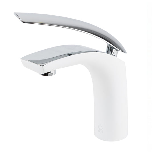 A modern single-handle bathroom faucet with a glossy chrome curved spout and a matte white cylindrical base, shown on a plain white background.